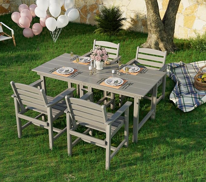 Anbuy Patio HDPE Dining Table Set, 5-Piece Outdoor Dining Table Sets, 2 in 1 Outdoor Furniture Table and 4 Outdoor Chairs for Garden, Backyard, Poolside, Easy Assembly, Grey