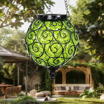 Solar Hanging Lantern Outdoor Garden Lights, Round Glass and Metal Hanging Lantern, 15 Firefly LED Lights, 7 x 20 Inch (Green)