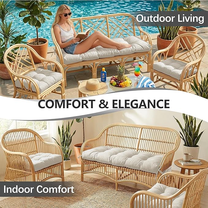 3 Pcs Wicker Chair Cushions Patio Loveseat Chaise Cushion Set - 1200D 47x19*4 Inch Waterproof Wicker Bench Cushions with 2 19x19x4 Inch Chair Cushions for Garden Porch Wicker Patio Furniture(White)