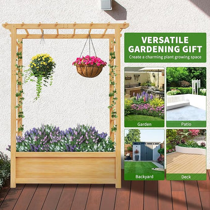 DoCred Raised Garden Bed with Trellis, Freestanding Wood Planter Box with Hanging Roof, Side Trellis Above Ground Elevated Garden Bed Outdoor Planter with Trellis for Climbing Plants Vines Patio