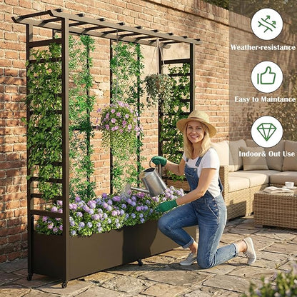 74" Mobile Planter with Trellis,Weatherproof Vertical Raise Garden Bed with Trellis & Hanging Roof for Climbing Plants,Flowers,Vegetables,Rust-Proof Metal Privacy Planter for Patio (Black-B)