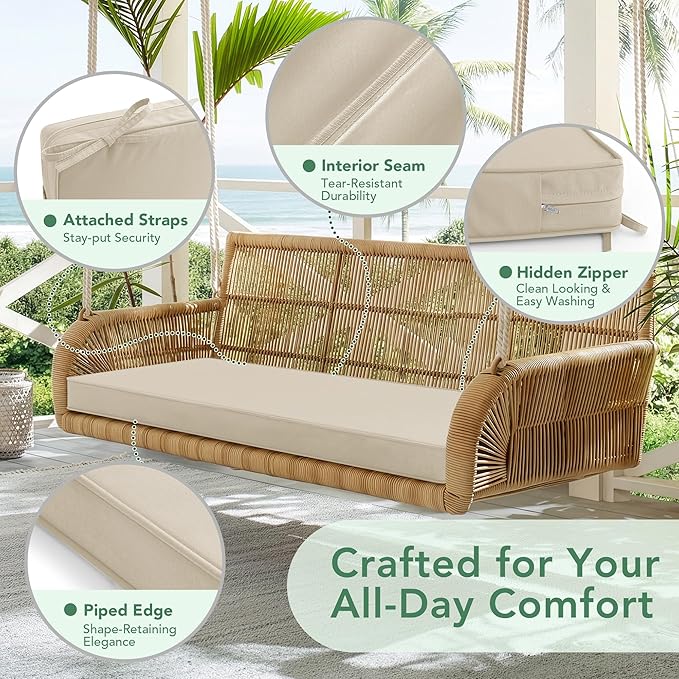 Summsun Outdoor Bench Cushion: Waterproof and Fade Resistant Patio Furniture Cushions - Non-Slip Bench Pad Cushion with Removable Cover for Garden Swing Porch Sofa Settee, 42 x 18 Inch, Beige