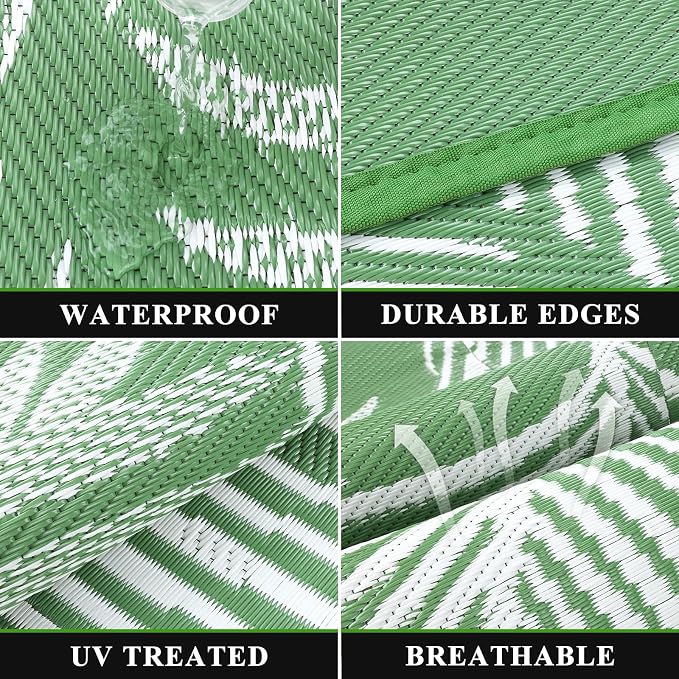 Pauwer Waterproof Outdoor Rug 9x12, Reversible Plastic Straw Patio Camping Rug, Indoor Outdoor RV Mat Carpet for Deck, Camper, Porch, Balcony, Backyard, Picnic, Leaf Green