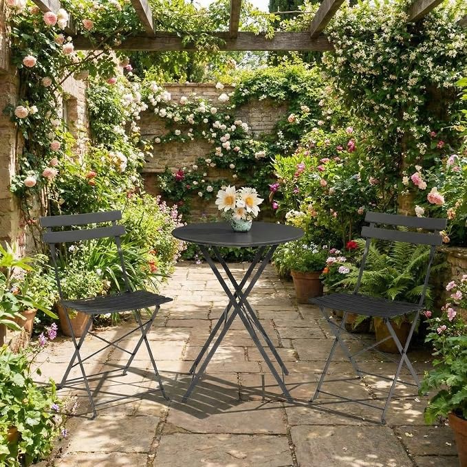 GarveeLife Outdoor Metal Bistro Set, 3-Piece Patio Furniture Set with 2 Chairs and 1 Table, Flat Steel Frame Patio Dining Set for Garden, Balcony, Porch & Backyard,Black