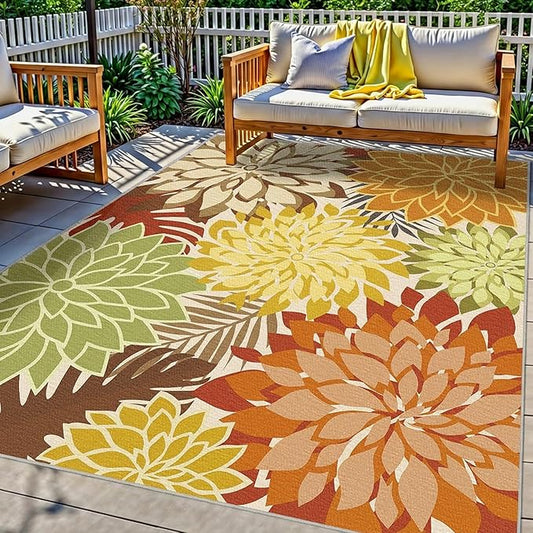 Colorful 9x12 Outdoor Area Rug Washable Multicolored Patio Rug Tropical Botanical Floral Chenille Waterproof Outdoor Carpet Non-Slip for Deck, Backyard, Porch, Orange