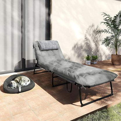 Outsunny Folding Chaise Lounge with 4-Level Reclining Back, Outdoor Tanning Chair with Cushion, Outdoor Lounge Chair with Breathable Mesh Fabric, Side Pocket, Headrest, Gray