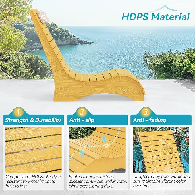 LUE BONA HDPS Pool Chairs Set of 4, Fade-Resistant Use in Pools Up to 10-Inches Deep Pools Lounge Chair for Sun Shelf, Chaise Lounger with Headrest for Outside Pool Deck