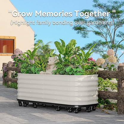 GarveeHome Self-Watering Wheeled Metal Garden Bed – Mobile Raised Planter Box with Water, Galvanized Steel Indoor/Outdoor Rolling Grow Station for Herbs, Veggies & Decor (94.5"x23.6"x19.7"),White