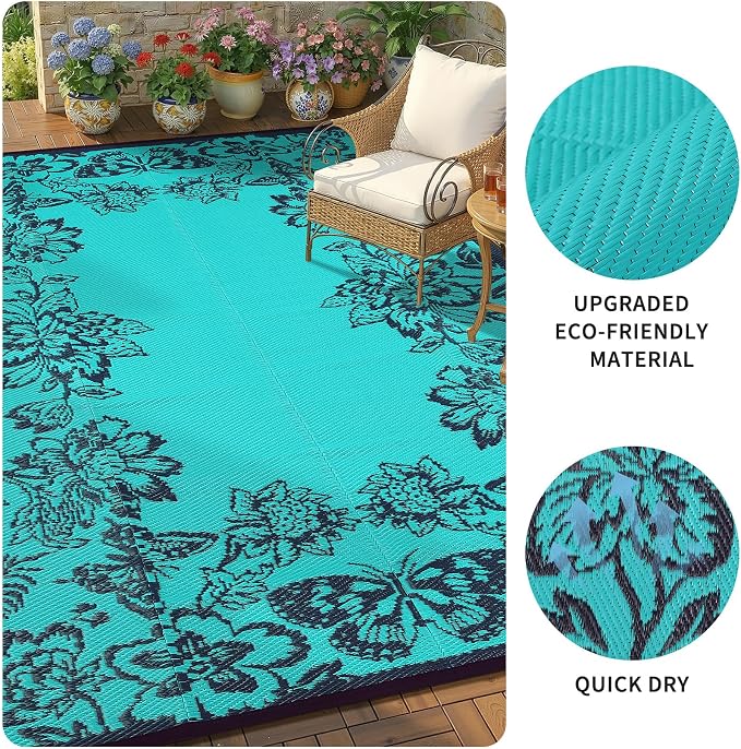Garvee Outdoor Rugs 9' x 12’ Waterproof Reversible Mats, Large Area Plastic Straw Rug, Outside Carpet, Butterfly Floral Rv Mat for Patio Camping Picnic Backyard Deck Balcony Porch Beach Trailer