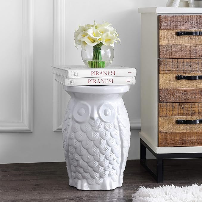 JONATHAN Y TBL1023A Groovy Owl 17.5" Ceramic Indoor/Outdoor Garden Stool Traditional, Cottage, Classic, Bohemian, Side Table, Plant Stand, Spill-Proof, Living Room, Garden Room, Patio, White