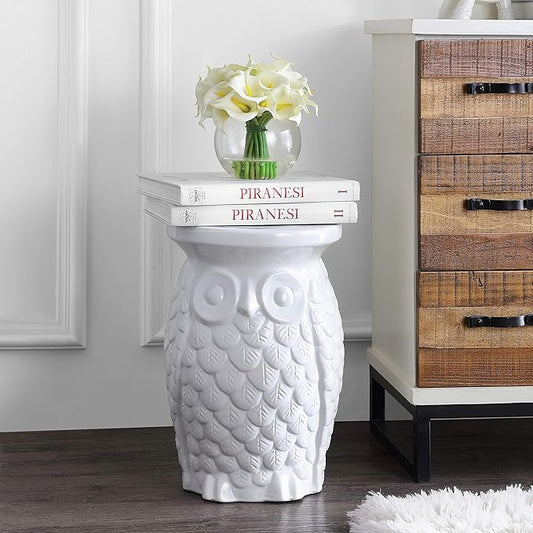 JONATHAN Y TBL1023A Groovy Owl 17.5" Ceramic Indoor/Outdoor Garden Stool Traditional, Cottage, Classic, Bohemian, Side Table, Plant Stand, Spill-Proof, Living Room, Garden Room, Patio, White