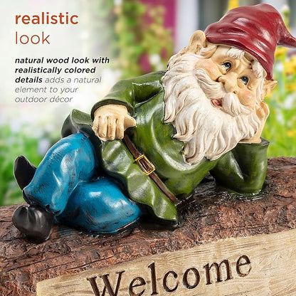 Alpine Corporation 9" Tall Outdoor Garden Gnome and Welcome Sign Yard Statue Decoration, Multicolor