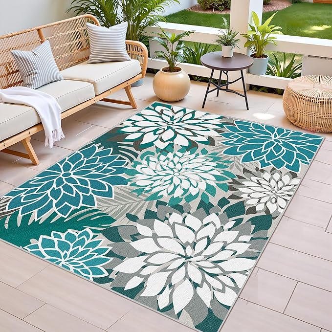 Colorful 5x8 Outdoor Area Rug Washable Multicolored Patio Rug Tropical Botanical Floral Chenille Waterproof Outdoor Carpet for Living Room, Deck, Backyard, Porch, Teal