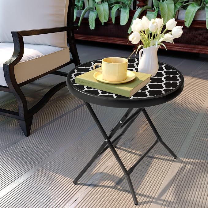 Foldable Patio Side Tables, 17.7" Small End Table Outdoor Weatherproof, Round Glass Top Outside Folding Table for Poolside, Balcony, Yard, Porch（Black and White Stripe）