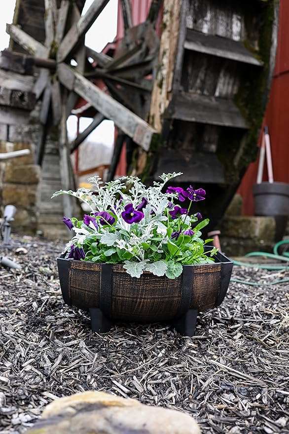 The HC Companies Whiskey Barrel Planter Bowl - Faux Wooden Finish Flower Planter Pot - Decorative Garden Pots - Indoor & Outdoor Resin Planters - Weather-Resistant Planting Pots (16" Golden Oak)