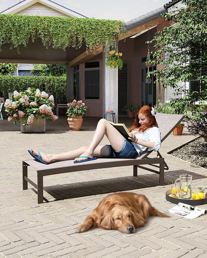 Crestlive Products Outdoor Lounge Chairs, Metal Pool Chaise Lounge Chairs, Adjustable Five-Position Tanning Recliner, All Weather for Patio, Beach, Yard, Pool (1PC Beige)