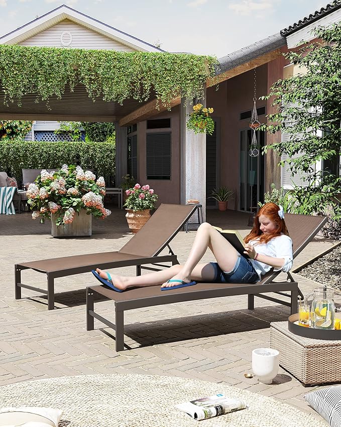 Crestlive Products Lounge Chair Outdoor Set of 2, Aluminum Pool Chaise Lounge Chairs, Adjustable Five-Position Tanning Recliner, All Weather for Patio, Beach, Yard, Pool (Brown)