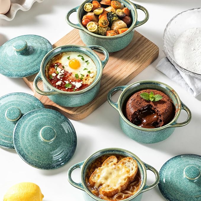 12 oz Mini Cocotte Set of 4, Ceramic Casserole Dishes with Lids & Handles | Reactive Glaze, Individual Baking & Serving, Ideal for Pot Pies, French Onion Soup, Casseroles & Baked Pasta, Oven Safe