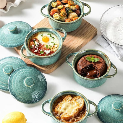 12 oz Mini Cocotte Set of 4, Ceramic Casserole Dishes with Lids & Handles | Reactive Glaze, Individual Baking & Serving, Ideal for Pot Pies, French Onion Soup, Casseroles & Baked Pasta, Oven Safe