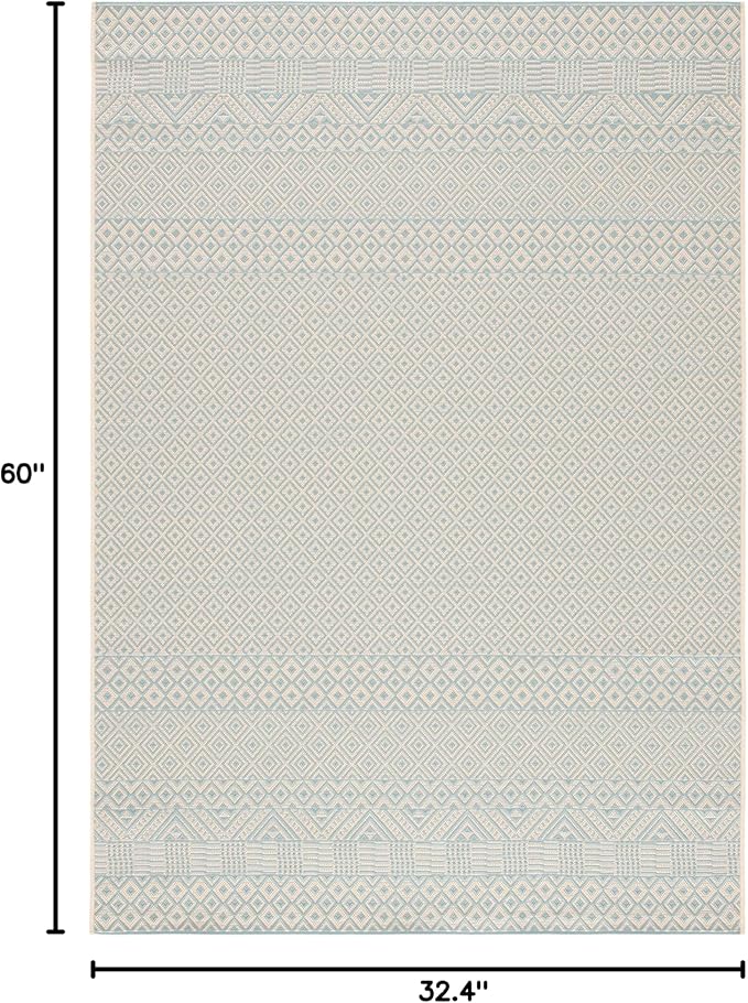 SAFAVIEH Washable Rug Outdoor Courtyard Collection - 2'7" x 5', Beige & Aqua Blue, Non-Shedding & Easy Cleaning, Ideal for Patio, Backyard, Mudroom (CY6235-21312)