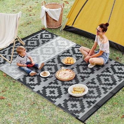 Anidaroel 6x9 Outdoor Rugs for Patios Clearance, Waterproof Reversible Plastic Straw Outside Area Rug, Camping Rugs for Outside RV, Large Outdoor Area Rug for Porch, Backyard (Black&Gray,6‘x9')