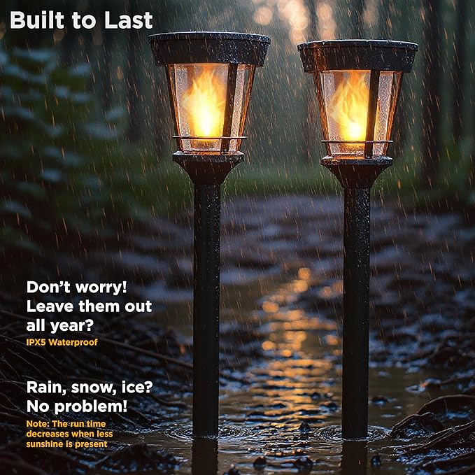 Classic Solar Path Torch - Elegant Flickering Flame Effect with Patented LED, IP65 Waterproof, Solar-Powered Lighting for Garden, Walkway, Yard, and Landscape Ambiance Easy Stake Installation (2 Pack)