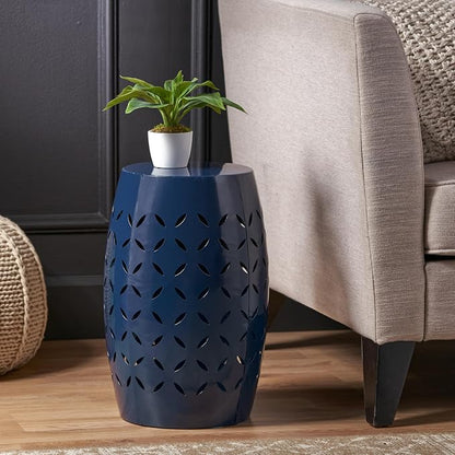 Christopher Knight Home Hayon 17.75'' Small Outdoor Side Table, Metal Outdoor Stool, Lace Cut Iron End Table, Hollow Drum Round Side Table, Decorative Garden Stool with Cutout Design, Dark Blue