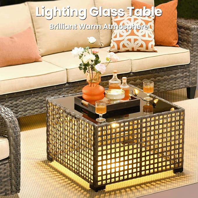 ovios 10 Pieces Patio Furniture Set, Outdoor Wicker Sofa Couch with Rocking Swivel Chairs Solar Lights Table Fire Pit, Modern Deep Seat Rattan Conversation Sets, Beige