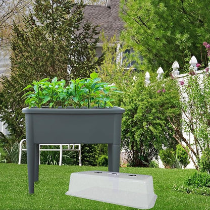 FENCETECH 20.8 Gallon Self Watering Raised Garden Bed with Greenhouse Cover, 30" x 25.6" x 15" Plastic Plant Box with Legs and Drainage Plug, Grey