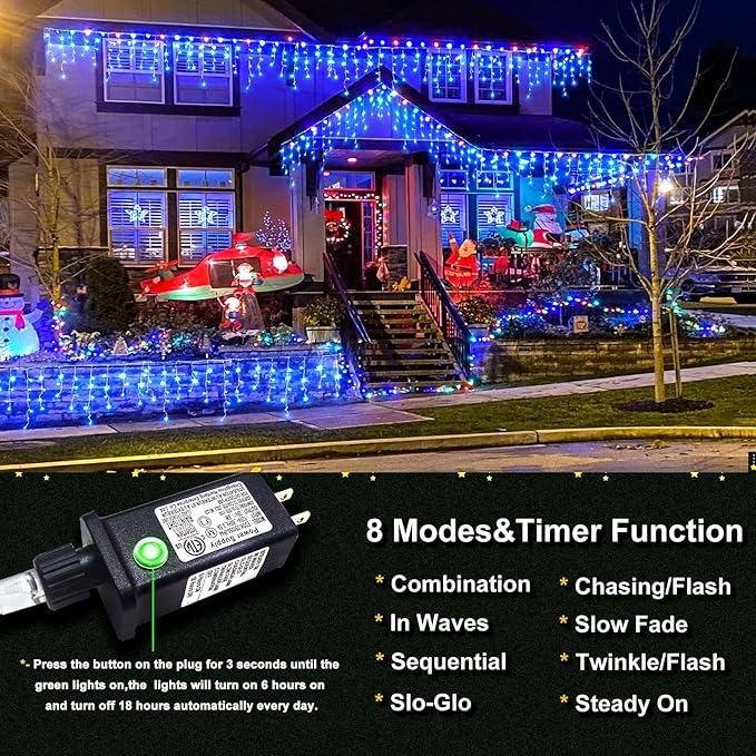 Icicle Christmas Lights Outdoor, 66 FT 640 LED Icicle Lights for Outside 8 Modes with 120 Drops, Plug in Waterproof Hanging Christmas Light for Holiday Pavilion Balcony Decorations, Blue