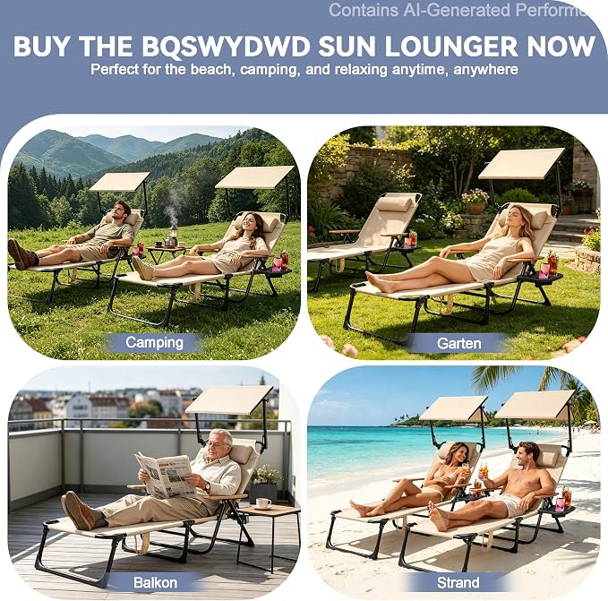 Beach Lounge Chairs with Armrests, 4-Position Folding Lounge Chairs for Outside, Sunbathing Portable Lounge Chaise, Tanning Chair Pillow & Cup Holder, for Outside Beach Pool (Beige.)