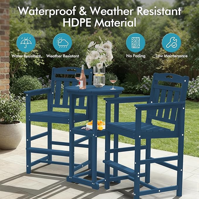 Ciokea Oversized Tall Bar Chairs Set of 2, HDPE Adirondack Outdoor Bar Chairs with Footrest, All-Weather Barstools with High Back for Balcony, Bistro, Porch, Deck, Pool, Backyard, Navy Blue