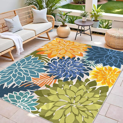4x6 Washable Rug for Living Room Tropical Botanical Modern Floral Chenille Area Rugs Low Pile Non Slip Carpet for Patio, Bedroom, Laundry, Green