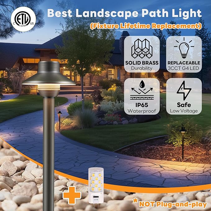 Gardenreet Solid Cast Brass Pathway Lights, 3 Color Temp Selectable Low Voltage Landscape Path Light Wired, LED Walkway Light Waterproof, 12V Wired Black for Entrance Garden with G4 Bulb (12 Pack)