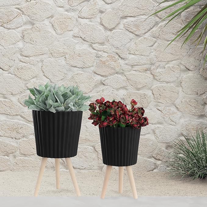 Sagebrook Home Set of 2 Planters with Stands - Modern Resin & Magnesia Pots with Wood Legs - Decorative Indoor & Outdoor Plant Containers for Home & Garden - 12" & 10", Black