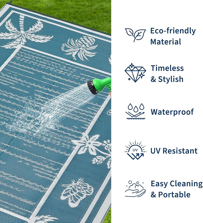 Garvee Outdoor Rug 9x12 Waterproof for Patios, Reversible Plastic Straw Rug, Tropical Leaf Indoor Outdoor Rugs, Large Area Rug for RV, Camping, Deck, Picnic Mat, Outside Carpet