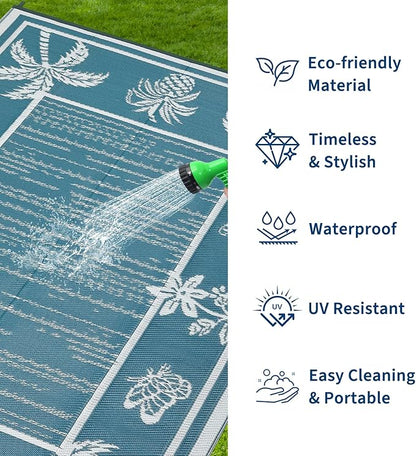Garvee Outdoor Rug 9x12 Waterproof for Patios, Reversible Plastic Straw Rug, Tropical Leaf Indoor Outdoor Rugs, Large Area Rug for RV, Camping, Deck, Picnic Mat, Outside Carpet