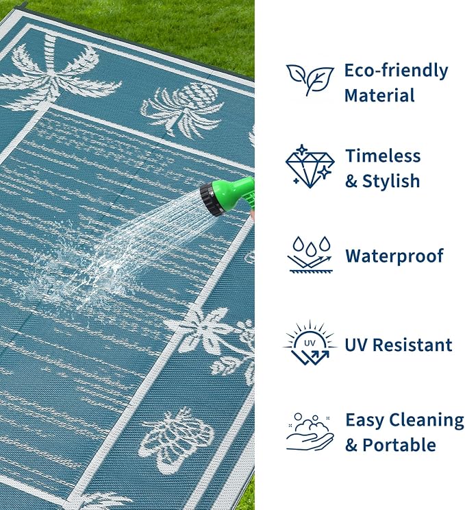 Garvee Outdoor Rug 8x10 Waterproof for Patios, Reversible Plastic Straw Rug, Tropical Leaf Indoor Outdoor Rugs, Large Area Rug for RV, Camping, Deck, Picnic Mat, Outside Carpet, Blue/White