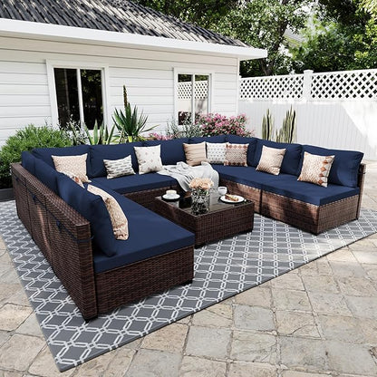 UPHA 9 Pieces Patio Furniture Sets Outdoor Sectional Sofa Wicker Conversation Couch for Decks, Backyards, Gardens, Brown Rattan, Navyblue Cushion