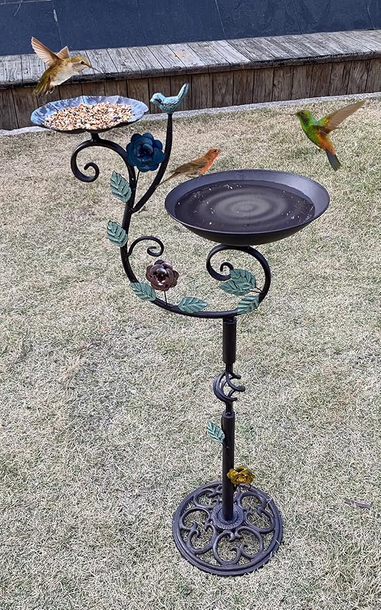 Metal Bird Bath and Feeder for Outdoors, Freestanding 39.4" H 2-in-1 Birdbaths with Cast Iron Pedestal, Retro Vine Shaped Standing Combo for Outside Garden Patio Porch