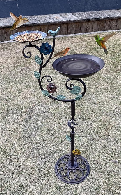 Metal Bird Bath and Feeder for Outdoors, Freestanding 39.4" H 2-in-1 Birdbaths with Cast Iron Pedestal, Retro Vine Shaped Standing Combo for Outside Garden Patio Porch