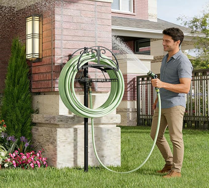 Freestanding Garden Hose Organizer with Storage Basket - Heavy-Duty Black Powder-Coated Hose Stand, Detachable Design Holds 150FT Hose, Includes Wrench & Screwdriver for Easy Assembly