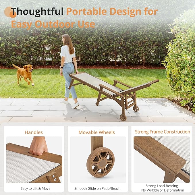 LUE BONA Chaise Lounge Chair Outdoor Set of 2, HDPS and HDPE Wicker Chaise Lounger with 5 Positions, Pool Lounge Chairs with Wheels and Adjustable Backrest for Patio, Poolside, Deck, Backyard