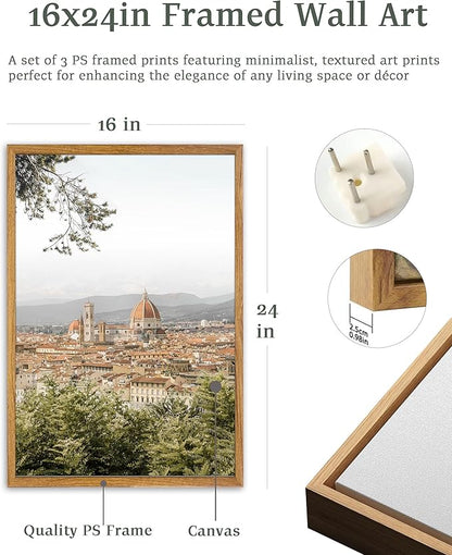 UPWOIGH Large Framed Canvas Wall Art, Set of 3 Italy Florence Travel Decor, 16x24in minimalist Natural Cotton Posters with Architecture, Tuscany Countryside, Farmhouse Aesthetic for Living Room,Office