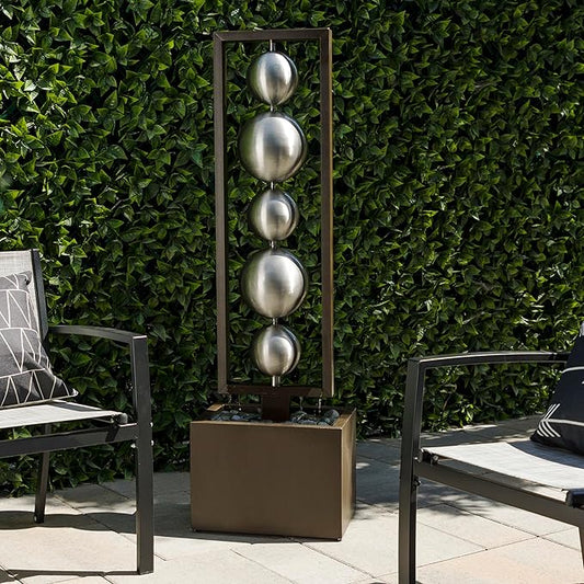 Alpine Corporation CPS194 Outdoor Modern Column Water Floor Fountain with Stainless Steel Orbs, 55" H, Brown
