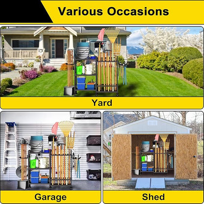 GIOTORENT 6 Tier Garden Tool Organizer, Garage Storage and Organization, Metal Yard Tools Storage Rack, Heavy Duty Garden Tool Organizer for Garage, Yard, Patio, Shed, Indoors and Outdoors, Black