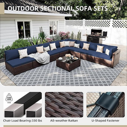 UPHA 9 Pieces Patio Furniture Sets Outdoor Sectional Sofa Wicker Conversation Couch for Decks, Backyards, Gardens, Brown Rattan, Navyblue Cushion