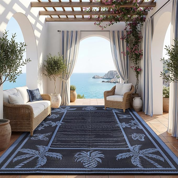 Garvee Outdoor Rug 9x12 Waterproof for Patios, Reversible Plastic Straw Rug, Tropical Leaf Indoor Outdoor Rugs, Large Area Rug for RV, Camping, Deck, Picnic Mat, Outside Carpet