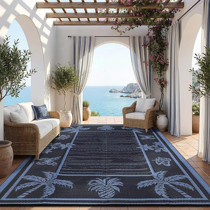 Garvee Outdoor Rug 9x12 Waterproof for Patios, Reversible Plastic Straw Rug, Tropical Leaf Indoor Outdoor Rugs, Large Area Rug for RV, Camping, Deck, Picnic Mat, Outside Carpet