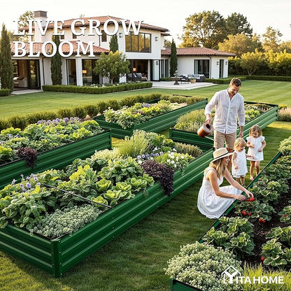 YITAHOME 12x4x1ft Large Raised Garden Bed Kit, Galvanized Metal Planter Box with Gloves, Ground Nails, Support Rod, Outdoor Above Ground Planters for Plants Vegetables Flowers, Green